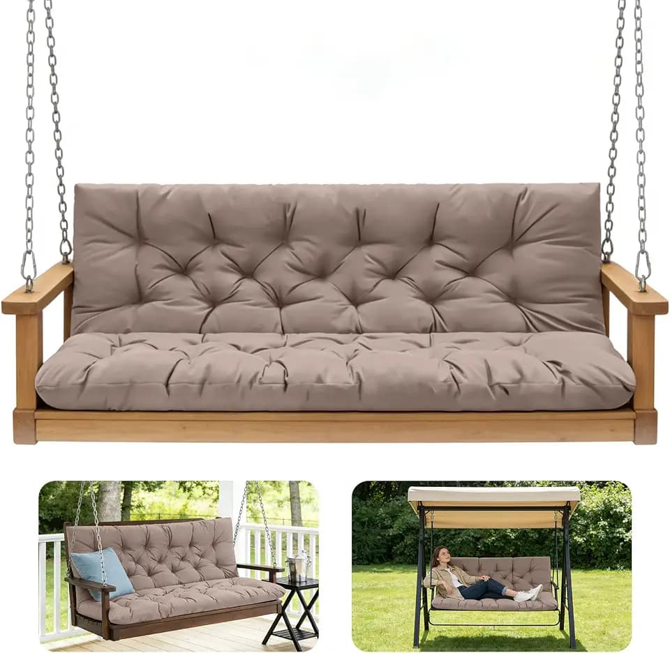 Outdoor Swing Cushions,Waterproof Swing Cushions 3 Seater Replacement with Backrest,Outdoor Thickened Bench Cushion with Ties for Porch,Patio,Backyard,Garden and Lawn (Khaki 60 * 40 in)