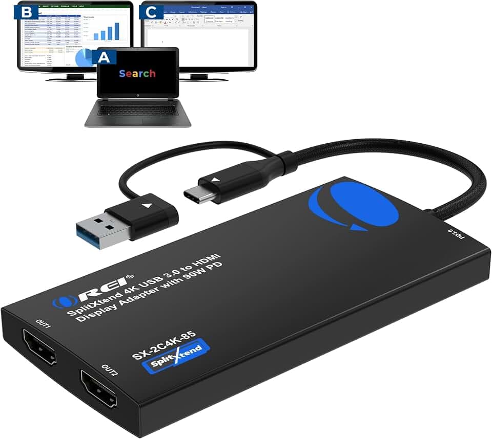 OREI SplitExtend 4K HDMI Splitter Extended Display for Dual Monitor with PD
