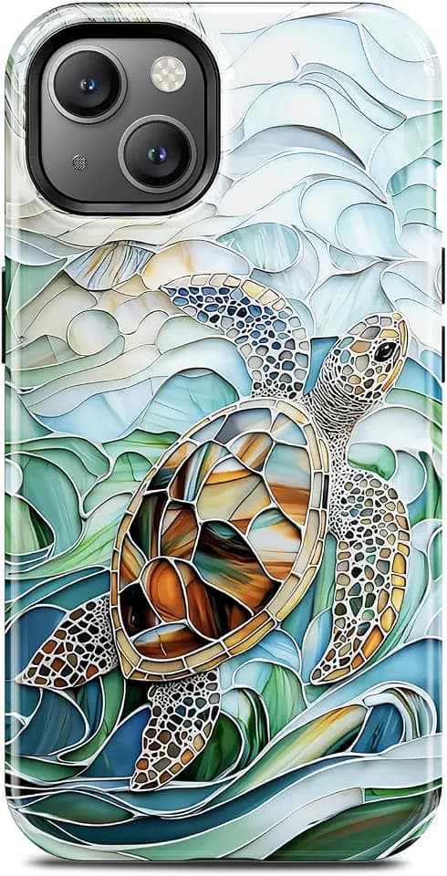 for iPhone 15 Plus Case, Blue Ocean Sea Turtle Phone Case, Compatible with Magsafe, Trendy Cute Mosaic Aesthetic Magnetic Slim Silicone Shockproof Protective Women Girl Cover