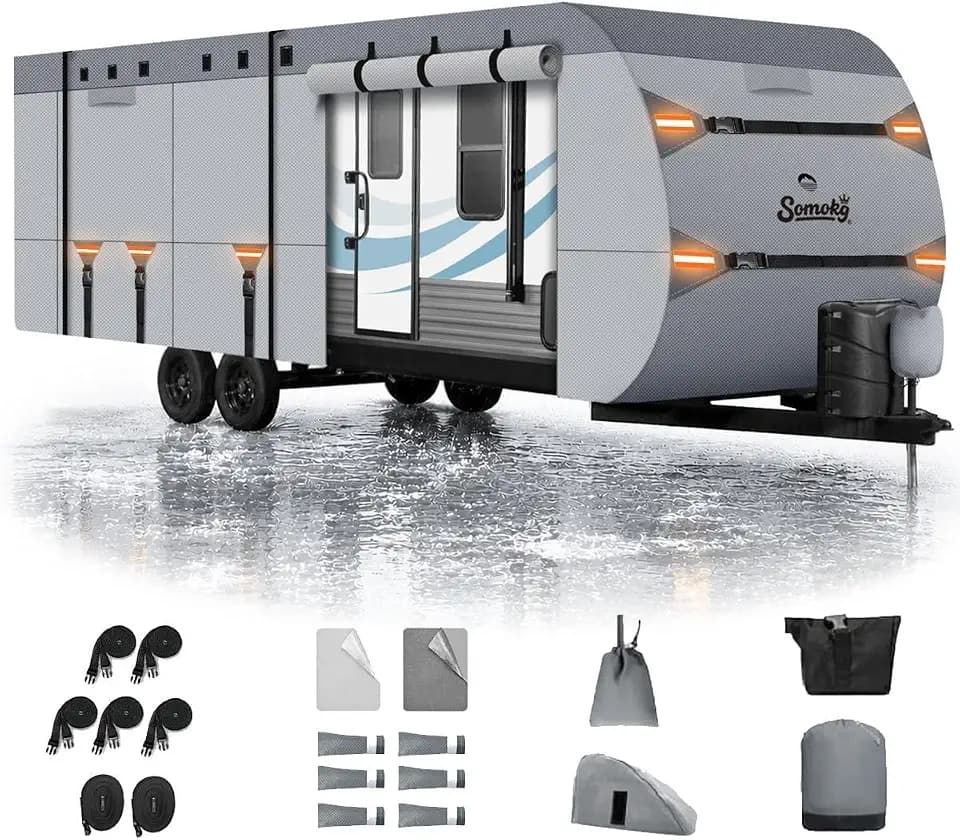 Travel Trailer Cover 33-35 FT, Heavy Duty 7-Layer RV Cover, Rip-Stop Camper Cover, Windproof with 5+2 Straps, UV & Snow Protection, Fits Rooftop A/C