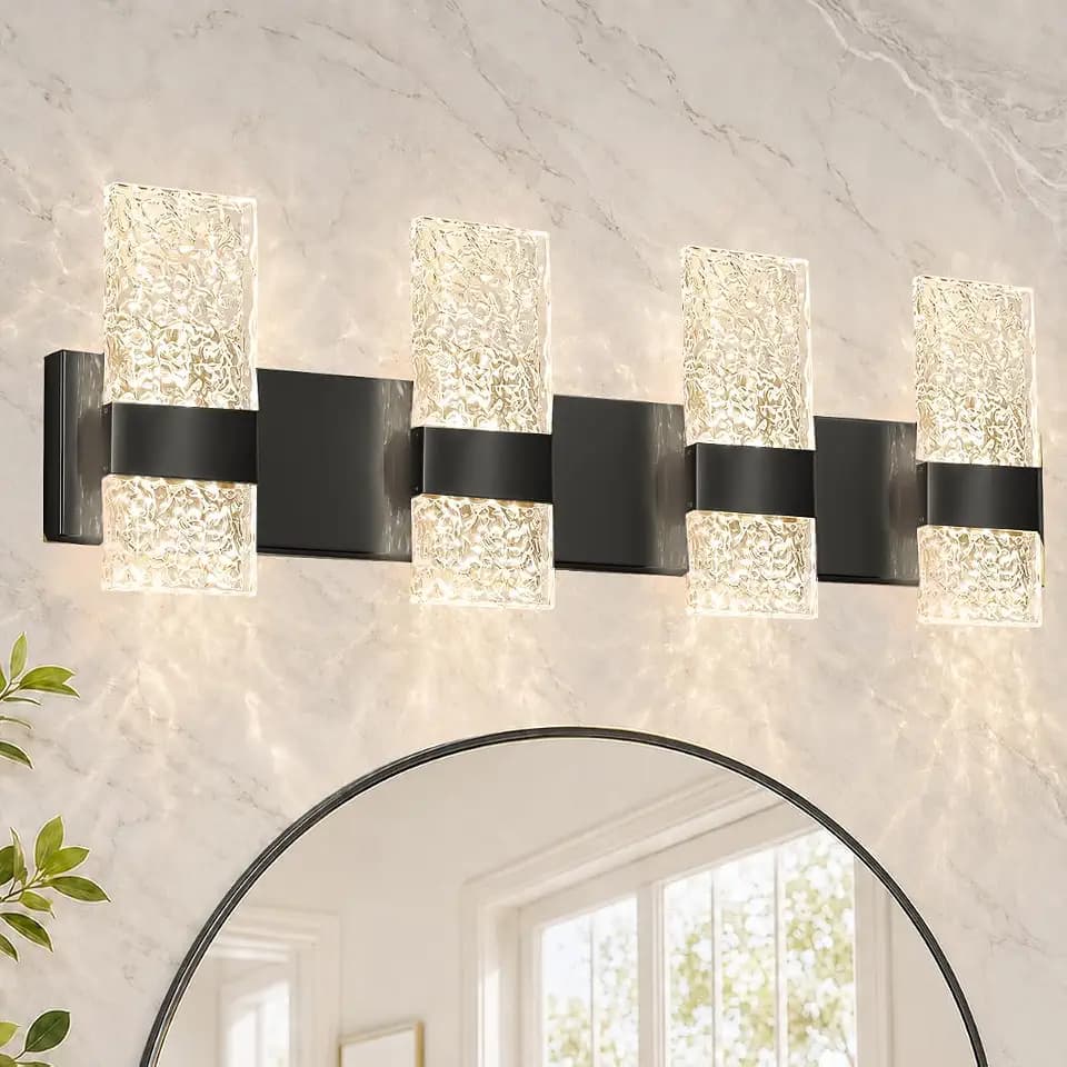 Modern Matte Black 4 Lights Bathroom Vanity Light, Eleglant LED Bathroom Light Fixtures Over Mirror, Dimmable Acrylic Shade Wall Lighting Fixtures, Hardwired Wall Light(H9.25in, L28.35in)