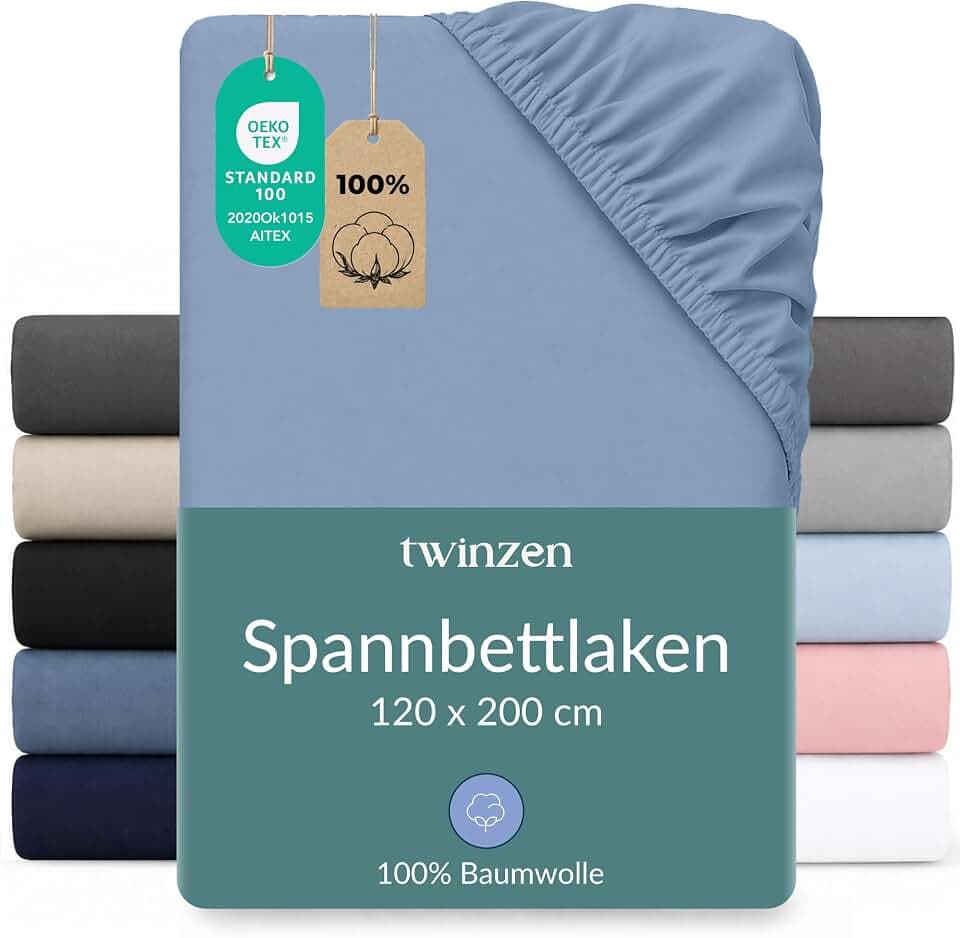 Twinzen Spannbettlaken Baumwoll-Jersey 120x200 Hellblau Steghöhe 30 cm