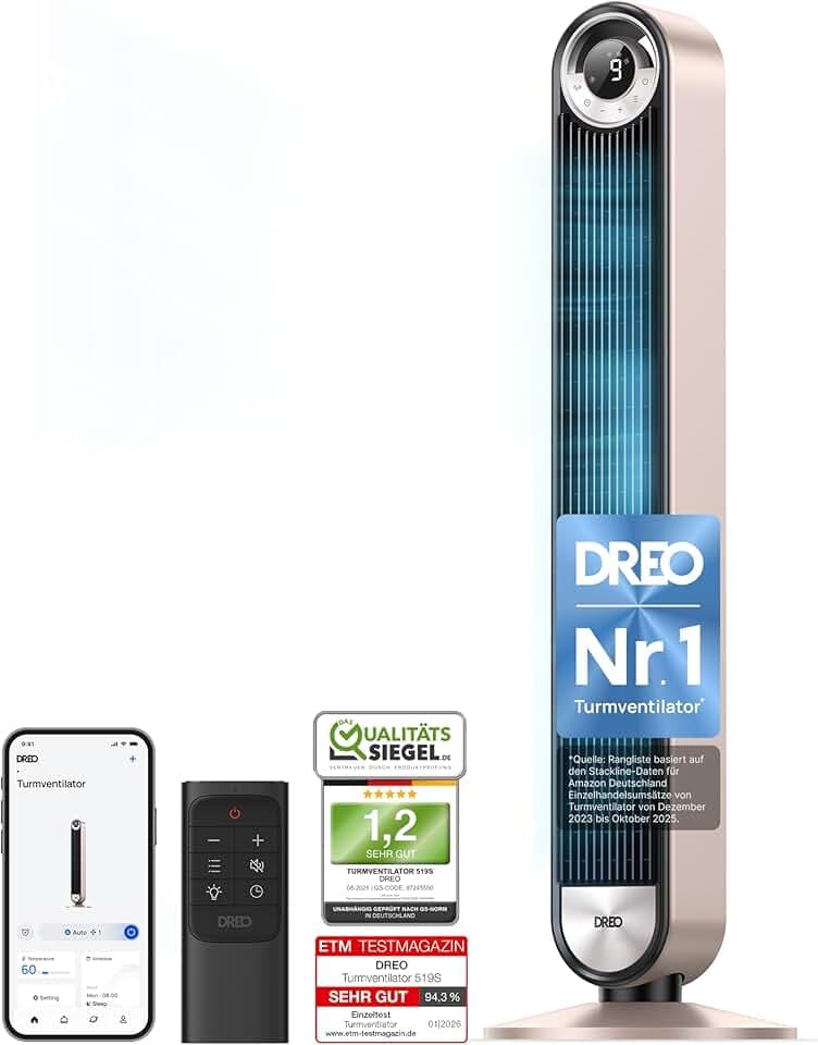 DREO 25dB Smart Leiser Turmventilator mit Kühlung, 106cm WiFi Alexa Tower Fan, 90° oszillierender Ventilator, Fernbedienung 9-Geschwindigkeit 4 Modi 12 Std Timer Sprachsteuerung, Sternenlicht