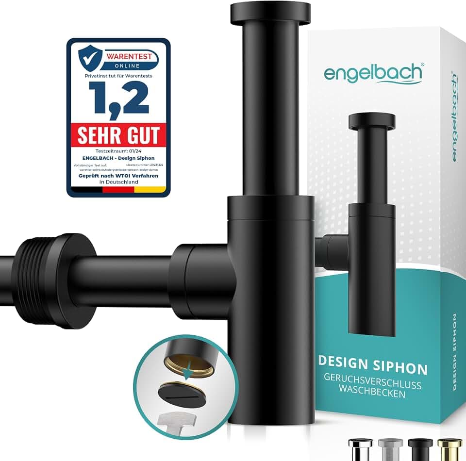 Engelbach® Design Siphon Waschbecken Schwarz - Mit Reinigungsöffnung - Universal Abflussrohr 1 1/4" - Geruchsverschluss, Syphon inkl. Gummimanschette und Anleitung