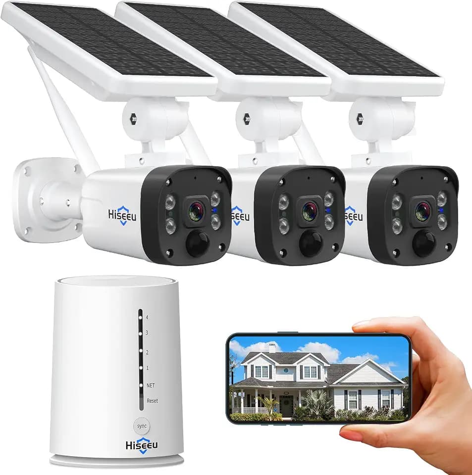 Hiseeu Wireless Security Camera Outdoor, 4MP Solar Camera, Wire-Free, Battery Powered Home Camera,4CH Expandable,PIR,Spotlight, 2-Way Audio, IP66 Waterproof, 90-Day Video Storage, Work with Alexa
