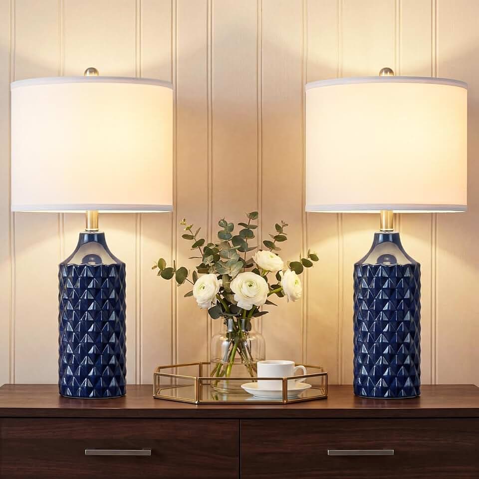 Qingmiao Modern Ceramic Table Lamp, Set of 2 - Navy Blue with Diamond Protrusions Texture, 25'' Nightstand Lamp for Bedroom Living Room, 3-Way Dimmable Included