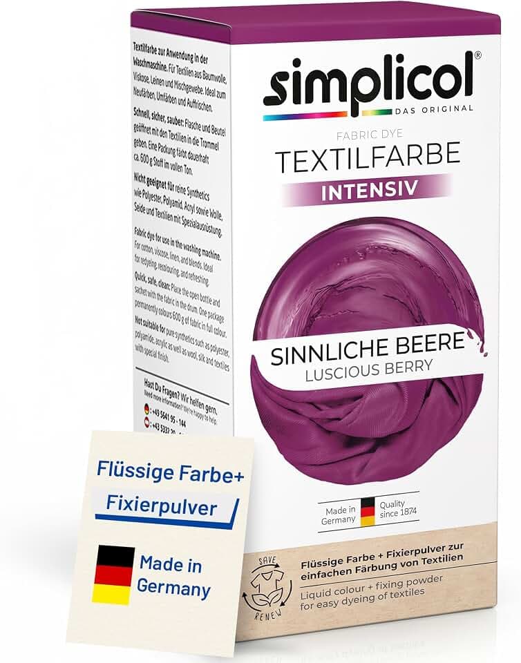 simplicol Textilfarbe intensiv Sinnliche-Beere 1er Pack | Textilfarbe Waschmaschinenfest | Flüssige Farbe & Fixierpulver mit Salz | Stofffarbe zum Neufärben, Umfärben & Auffrischen