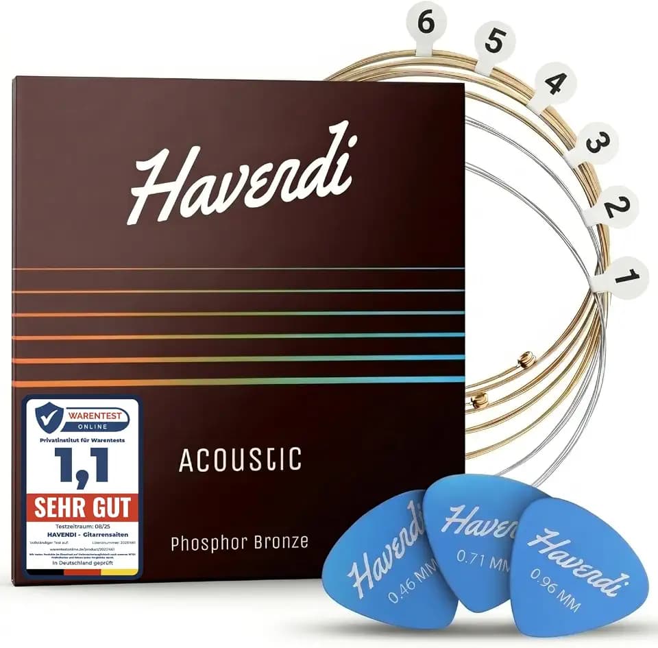 HAVENDI® Gitarrensaiten I Gitarrensaiten Westerngitarre für brillante Klangqualität I Langlebige Stahl Saiten mit Phosphor Bronze Ummantelung inkl. 3 Plektren