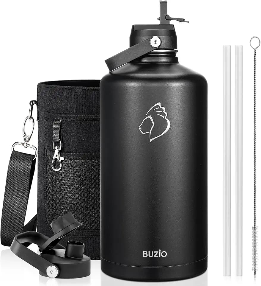 BUZIO 1 Gallon Water Bottle Insulated with Dust-proof Straw & Spout Lids