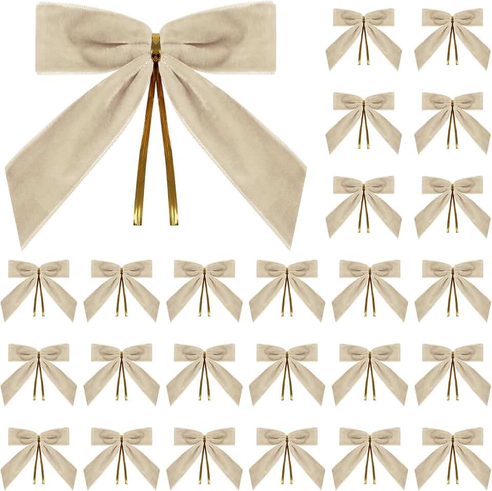 Utehilly 24 Pcs Champagne Small Velvet Christmas Bows for Christmas Tree, Wreath, Gift Wrapping, Crafts, Wedding, Party, Twist Tie Bows for Treat Bag Bakery Candy Bags, Home Decor 1" W,3.5 x 3.5 inch