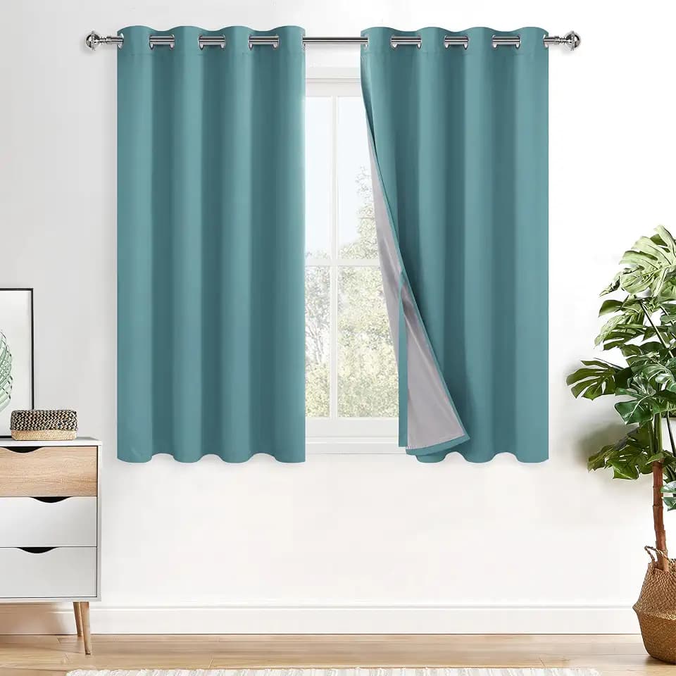 XWZO 100% Blackout Curtains 54 Inches Long with Tiebacks- Privacy Protection & Noise Blocking Window Draperies Grommet Top with Black Liner for Bedroom/Living Room, Stone Blue, W52 x L54, Set of 2