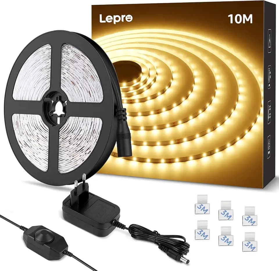 Lepro LED Strip, 10m, 3000K Warmweiß, dimmbar, selbstklebend, mit Netzteil