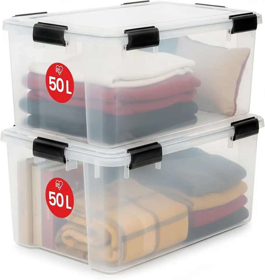 Iris Ohyama Luftdichte Kunststoff-Aufbewahrungsboxen mit Deckel, 50L, 2er-Set, Transparent, Hermetischer wasserdichter Verschluss, Robuste Schnappverschlüsse, Stapelbar, Staubschutz, BPA-frei, AT-L