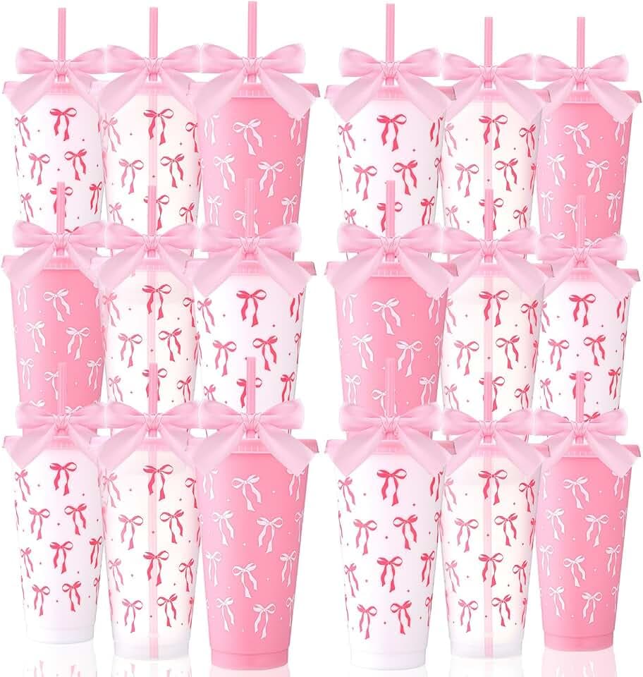 Skylety 24 Pcs Pink Bow Plastic Cups with Lid Straw and Ribbon