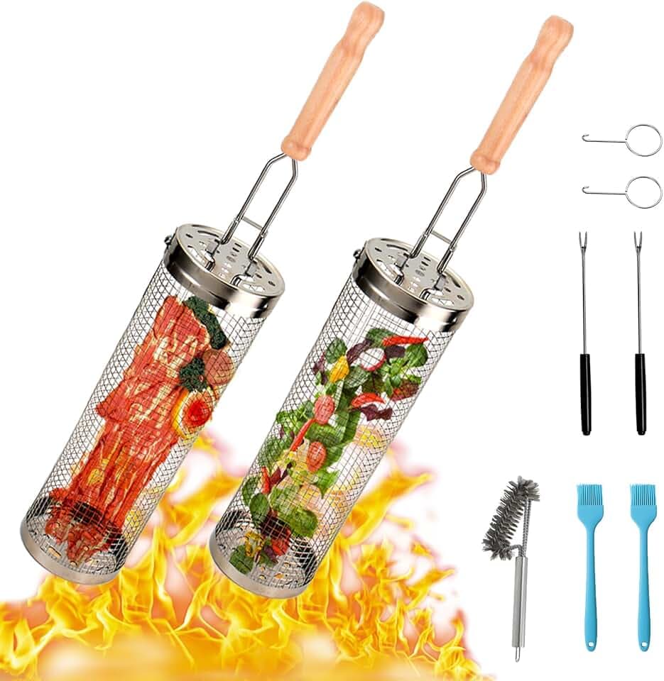 2 Stück Grillkorb Edelstahl mit Abnehmbarem Griff, Grill Zubehör BBQ GrillgemüSe Grillkorb Zylindrisch, Rolling Grillkorb Grillzubehör Camping und Terrassengrills Freien