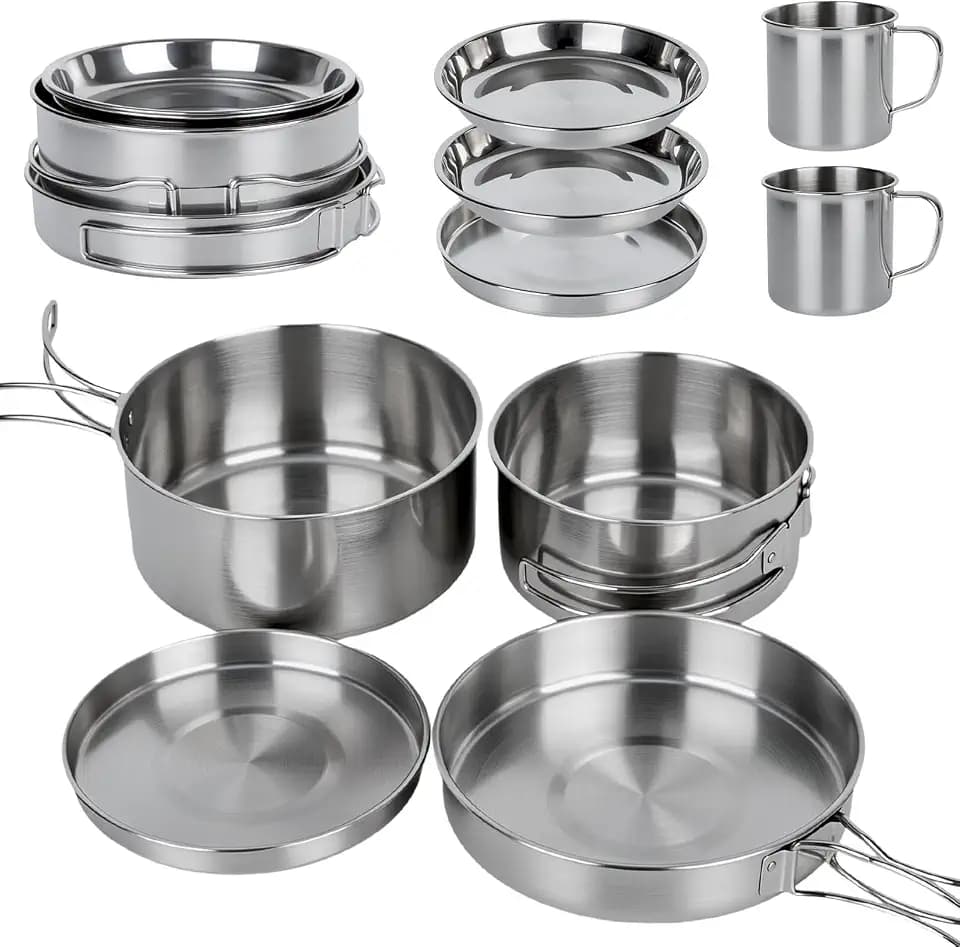 Camping Kochgeschirr Set, Camping Geschirr Set Edelstahl Camping Topf mit Pfanne Outdoor Kochgeschirr Tragbar, Faltbare Besteck Topfset Stapelbar Picknick Topf für Camping, Grillen, Wandern