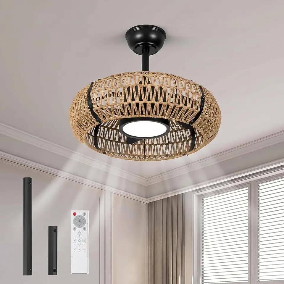 ocioc 20 inch Caged Ceiling Fan with Light, Boho Rattan