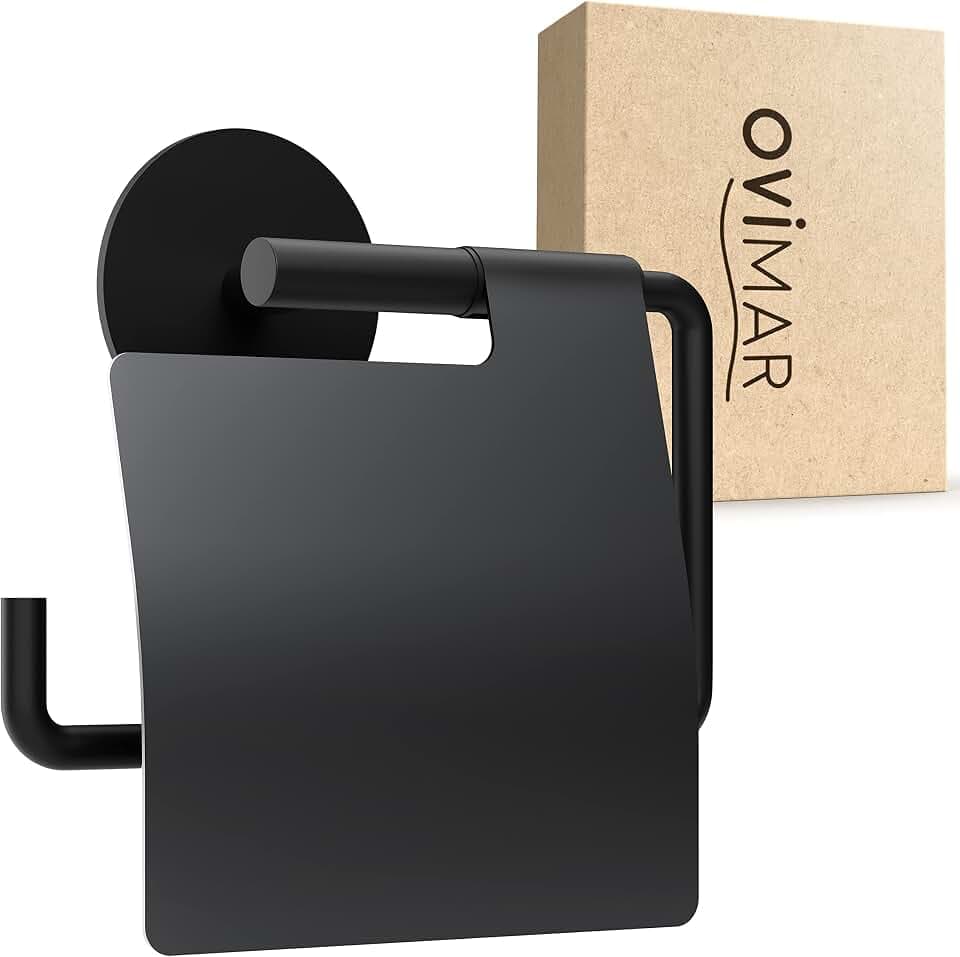 ovimar Toilettenpapierhalter Heroya mit Deckel ohne Bohren schwarz matt | Klopapierhalter selbstklebend | Klorollenhalter mit Deckel | WC Rollenhalter mit Absenkdämpfung | WC Papierhalter zum Kleben