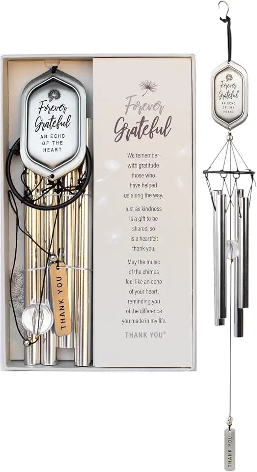 Forever Grateful 22-Inch Engraved Wind Chime – Thank You & Appreciation Gift for Retirement, Teacher, Coworker, Mentor, Sympathy & Friend – Silver Metal with Crystal Accent, Gift-Boxed