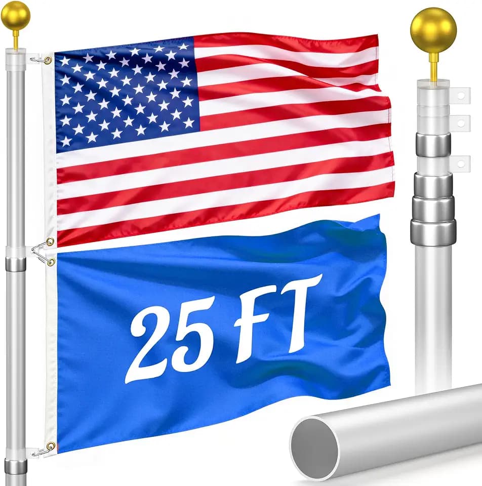 Flag Poles for Outside House Inground - Extra Thick Telescoping Flag Poles, Heavy Duty Flag Pole Kit with 3x5 American Flag (25FT, Silver)