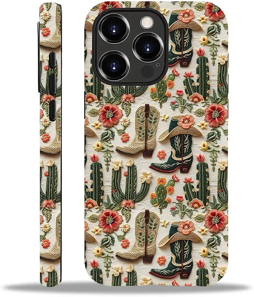 Case for iPhone 14 Pro,Anti Drop Scratch Frosted Protective Cover Case for Women Girl-Western Cactus Cowgirl Boots Floral