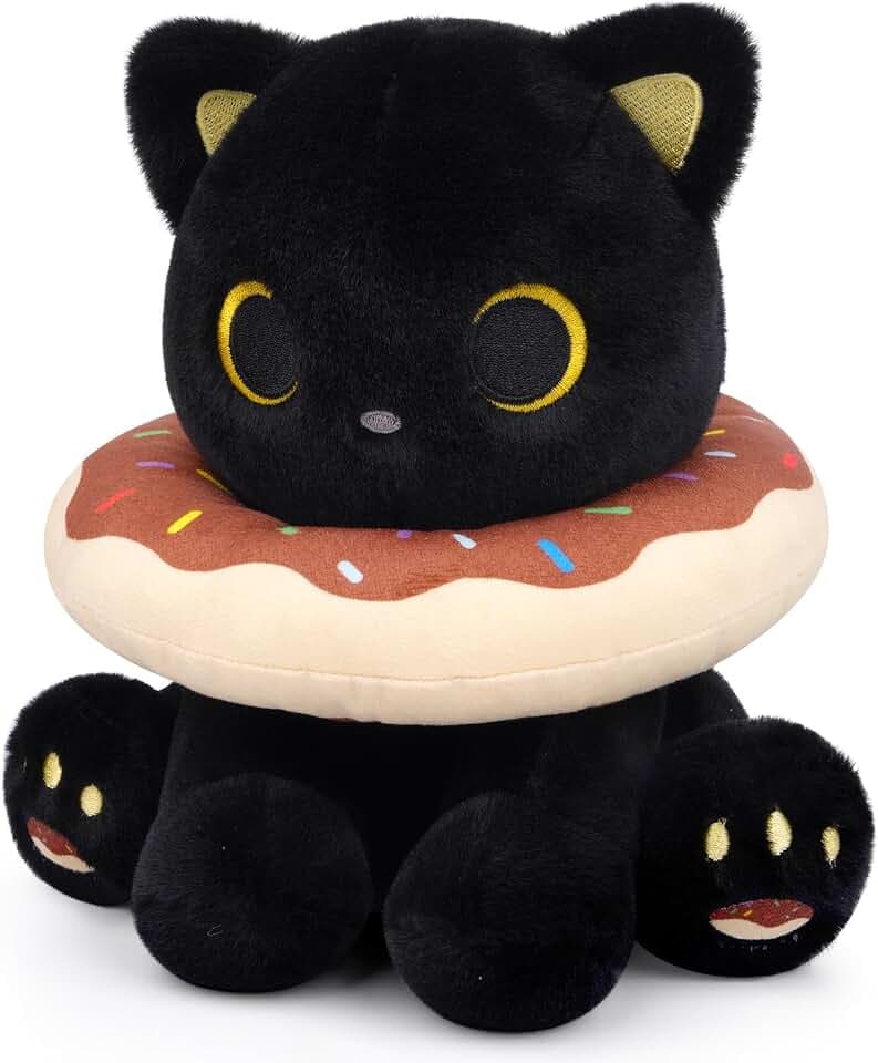 Black Cat Plush, 8inch Donut Cat Stuffed Animal, Cute Plushies Toys