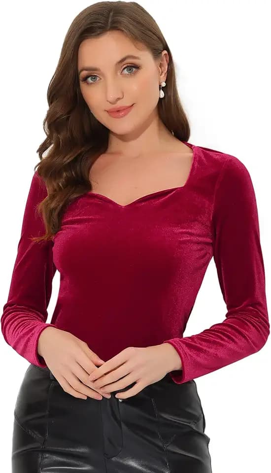 Allegra K Damen Samt Oberteil Langarm Herzausschnitt Elegantes T-Shirt Velvet Top Bluse