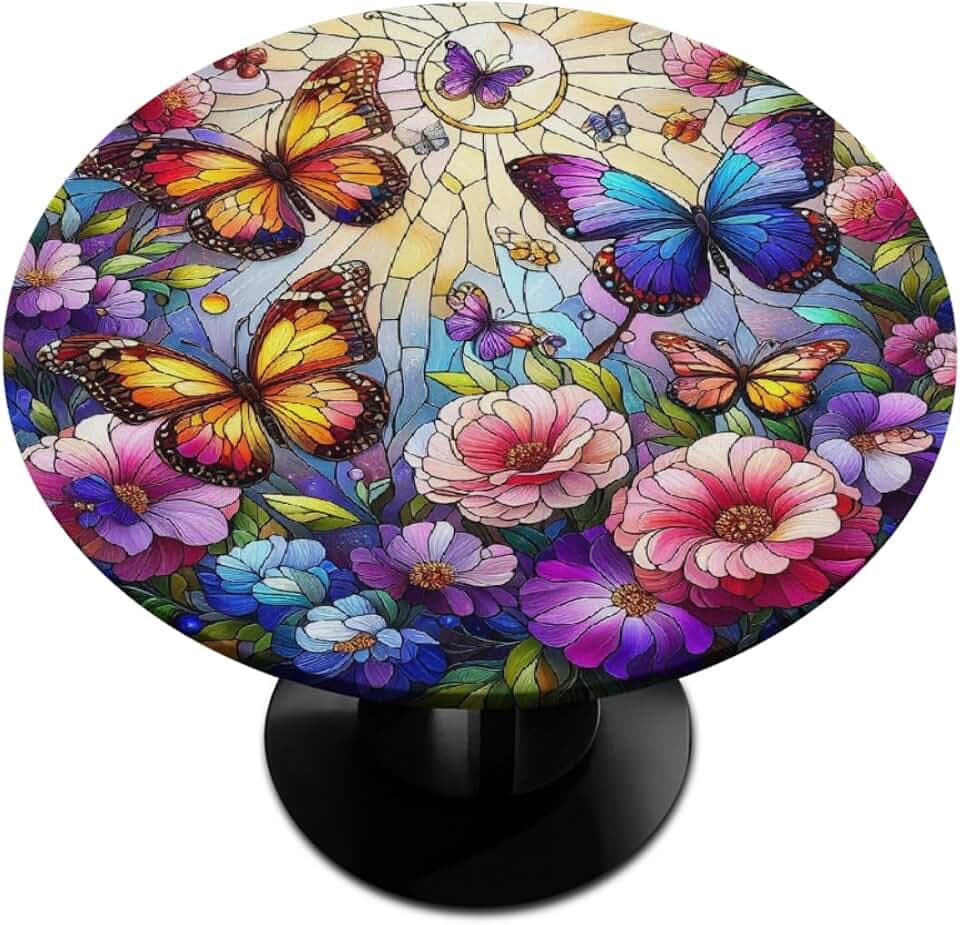 cfpolar Round Fitted Tablecloth with Elastic Edge, Butterfly Flowerglass Painting Tablecloth 45"-50" Waterproof Oil-Proof Round Table Cloth, Table Cover for Kitchen Patio Party Indoor Outdoor,C-2