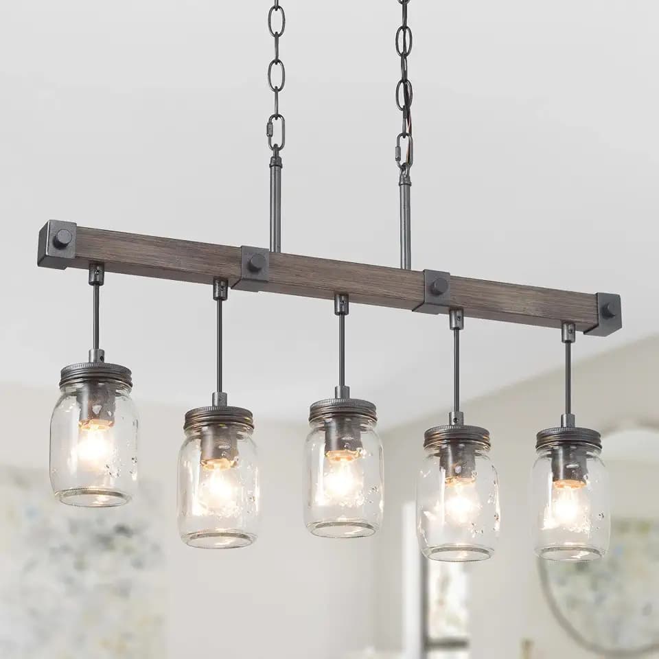 LOG BARN Farmhouse Chandeliers for Dining Room, 5 Light Mason Jar Kitchen Island Lighting, Rustic Faux Wood Island Lights for Kitchen