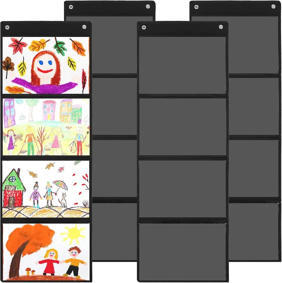 4 Pcs Storage Pocket Chart for Classroom 37.4 x 12.2 in 37.4 x 12.2 inches 4 Pockets Hanging Wall File Organizer for Cards, Drawing, Pictures, Homework, Teacher Office Activities, Black