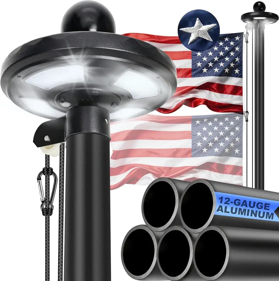 25FT Heavy Duty Flag Pole for Outside House w/Solar Light,100MPH Wind Test
