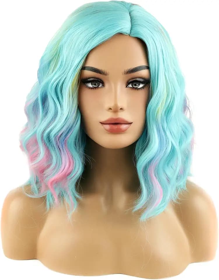 BERON Colorful and Blue Green Short Curly Wave Wig for Women Girls Green Blue Wavy Heat Resistant Synthetic Wig for Cosplay Costume Party or Daily