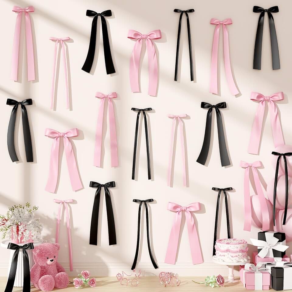 40Pcs Pink Black Bow Party Decorations, Black Pink Bows Wall Decor, DIY Ribbon Satin Bows Photo Backdrop for Women Girls Coquette Bachelorette Baby Bridal Shower Room Bedroom Halloween Party Decor