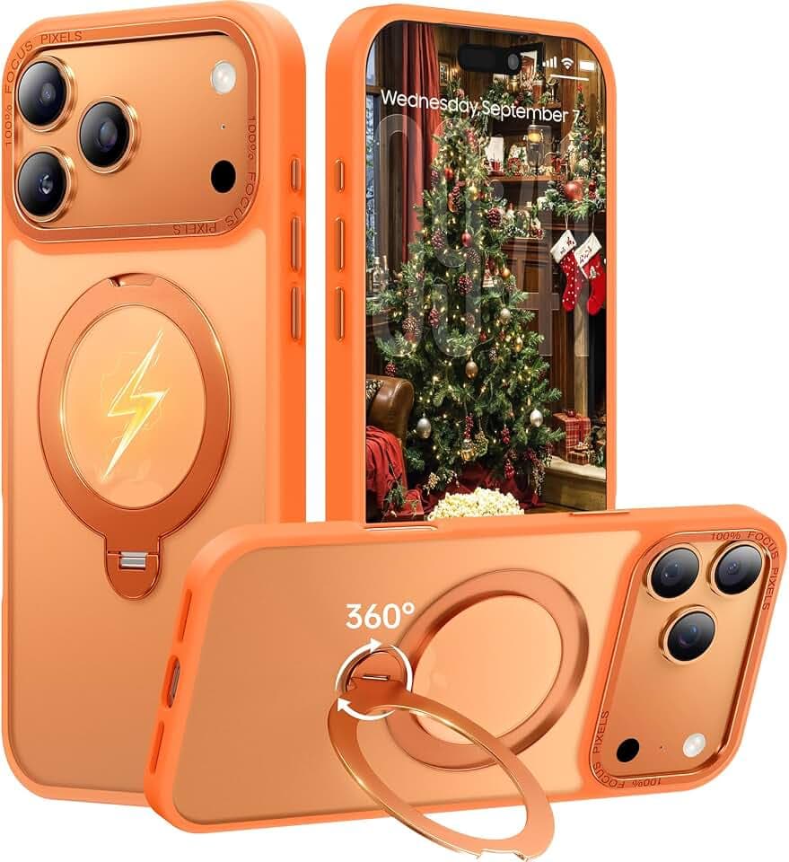 für iPhone 17 Pro Hülle mit 360°Drehbarem Unsichtbarem Magnet-Ständer, TOP Militärschutz & Magnetkraft Handyhülle für iPhone 17 Pro Case, Stoßfestes & Kratzfestes Mattgehäuse 6,3", Orange