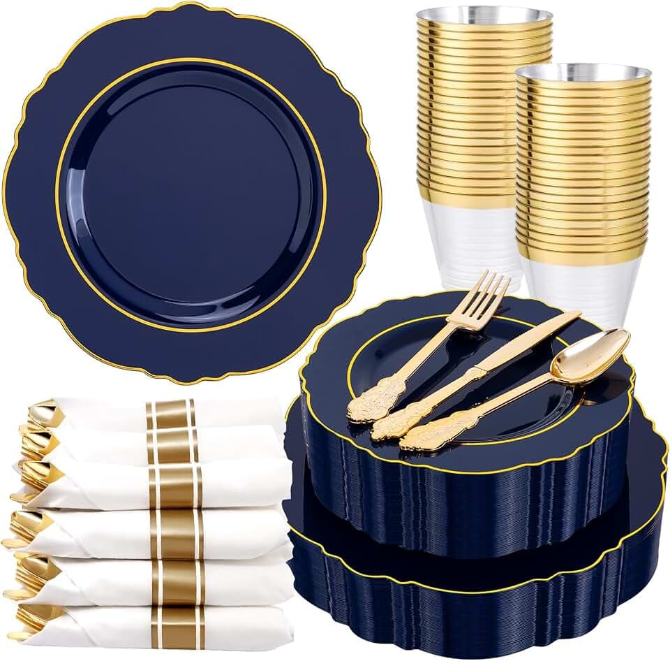 Liacere 175PCS Navy Blue Plastic Plates-Disposable Blue Gold - 25guest Baroque Plastic Dinnerware include 50Plates,25Pack Pre Rolled Napkins with Silverware 25Cups for Party & Wedding & Labor Day