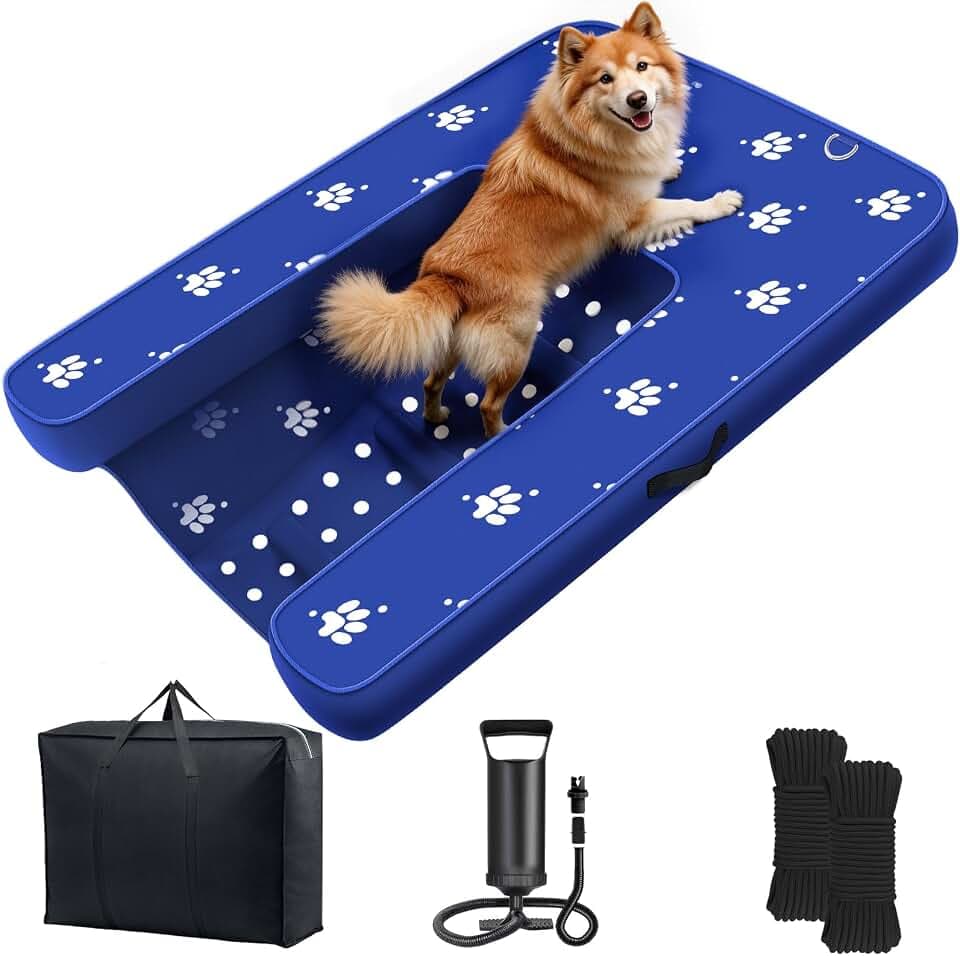 Inflatable Dock Platform, Dog Boat Ramp Floating Non-Slip Oxford and PVC with Lagre Water Ramp for Dogs Pool, Dock, Lake with Traction Rope, Manual Air Pump (4.7ft x 3.1ft x 6in) L03