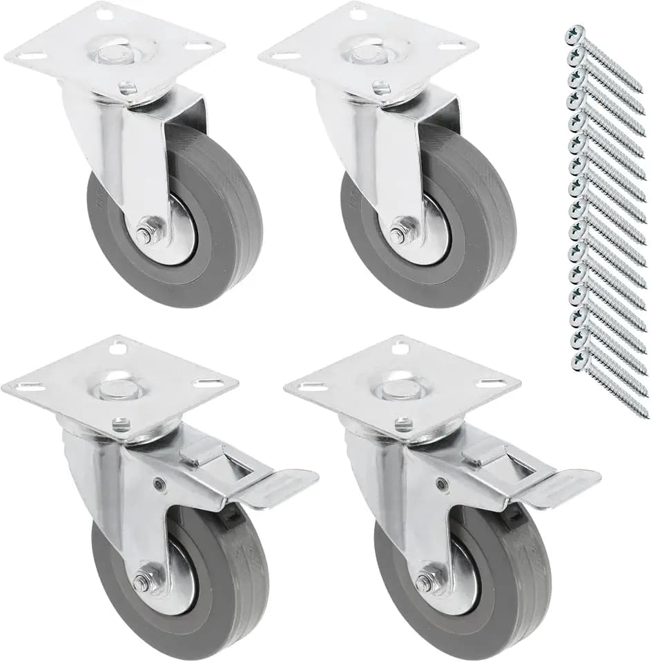 GTV - Möbelrollen GREYROLL, Lenkrollen, 4 Stück set Rollen für Möbel, 2x Rollen mit Bremse, 2x ohne Bremse, aus Stahl und Gummi, +16 PanHead-Schrauben 5x15/16, Durchmesser: 75 mm, Farbe: Grau
