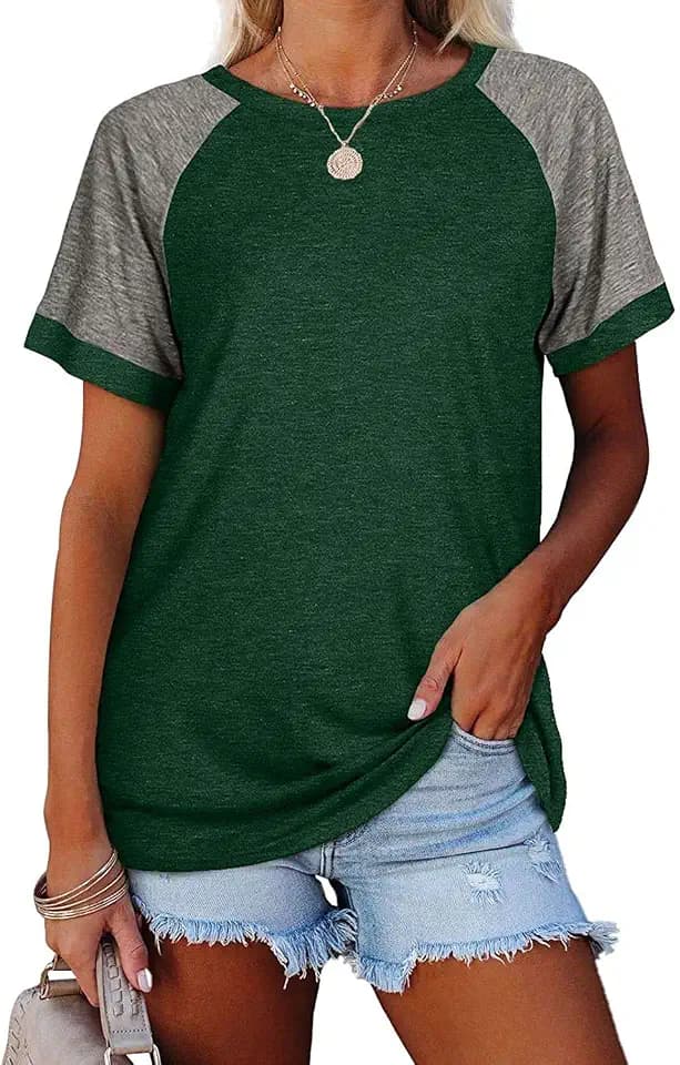 Esobo Women's Raglan Short Sleeve Crewneck T-Shirt Color Block Tunic Tshirt Casual Loose Blouses Tops