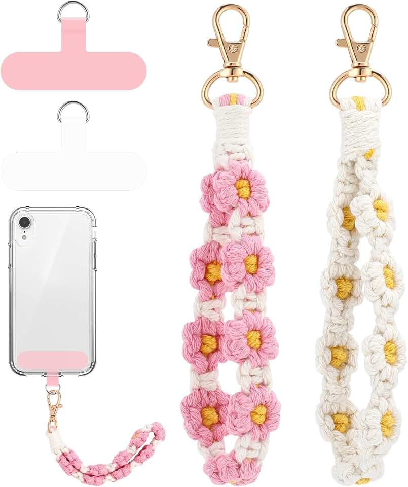 Jspupifip 2 PCS Boho Macrame Phone Wrist Strap, White/Pink