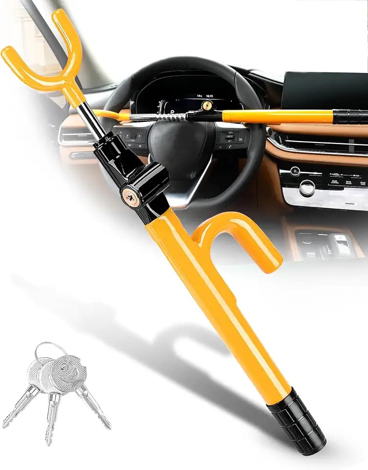 Tevlaphee Steering Wheel Lock - Anti Theft Device with Adjustable Car Wheel Lock, 3 Keys (Yellow)