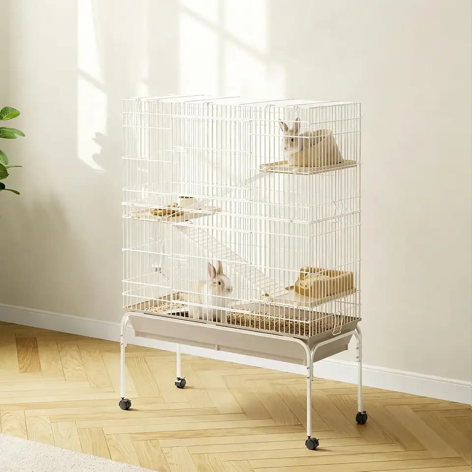 4-Tier Rolling Small Animal Cage, Multi-Level Metal Ferret Chinchilla Cage with Pull-Out Tray, Platforms & Ramps, Mobile Pet Habitat for Rats, Squirrels & Sugar Gliders, Beige(40in)