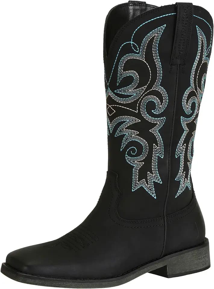 J's.o.l.e Womens Square Toe Cowgirl Cowboy Boots Mid Calf with Chunky Heel Retro Embroidery Western Boots