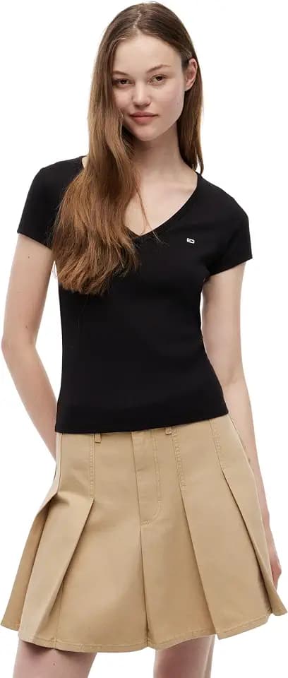 Tommy Jeans Damen T-Shirt Kurzarm Slim Essential Rib V-Ausschnitt