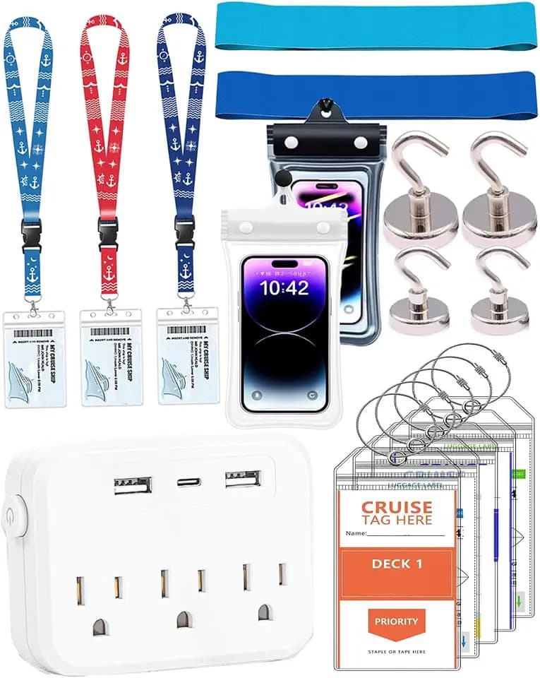 Cruise Essentials 2026, Cruise Must Haves, Cruise Essentials with Non-Surge Protector Power Strip, Waterproof Phone Pouch, Lanyards for Cruise Ship Cards, Luggage Tags, Magnetic Hooks, Towel Bands