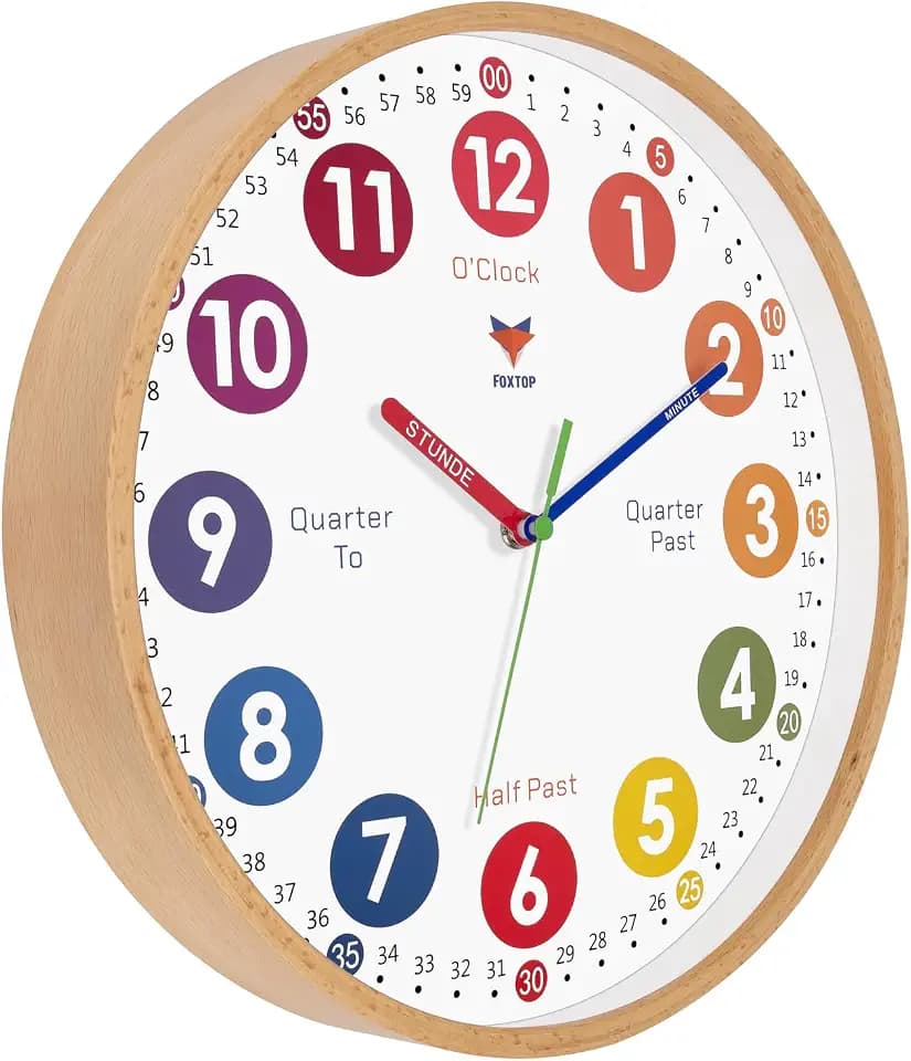 Holz Lernuhr Kinder 30cm lautlos – Wanduhr ohne Ticken zum Uhrzeit lernen