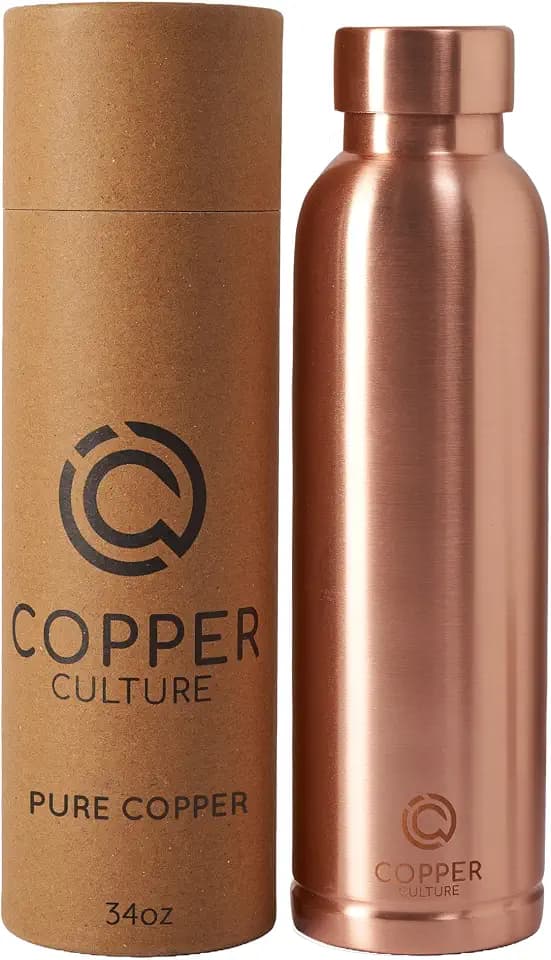 100% Pure Copper Water Bottle for Drinking Water – 34 oz (1000ml) Polished Finish with Leak-Proof Lid | Copper Vessel for Yoga, Gym, Office, Home & Travel