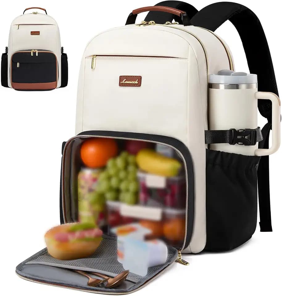 LOVEVOOK Lunch Backpack with Lunch Compartment,17 Inch Laptop Work Travel Insulated Cooler Backpack,Waterproof College Teacher Lunch Bag Box with Tumbler Holder,Gifts for Men Women,Beige-Black-Brown