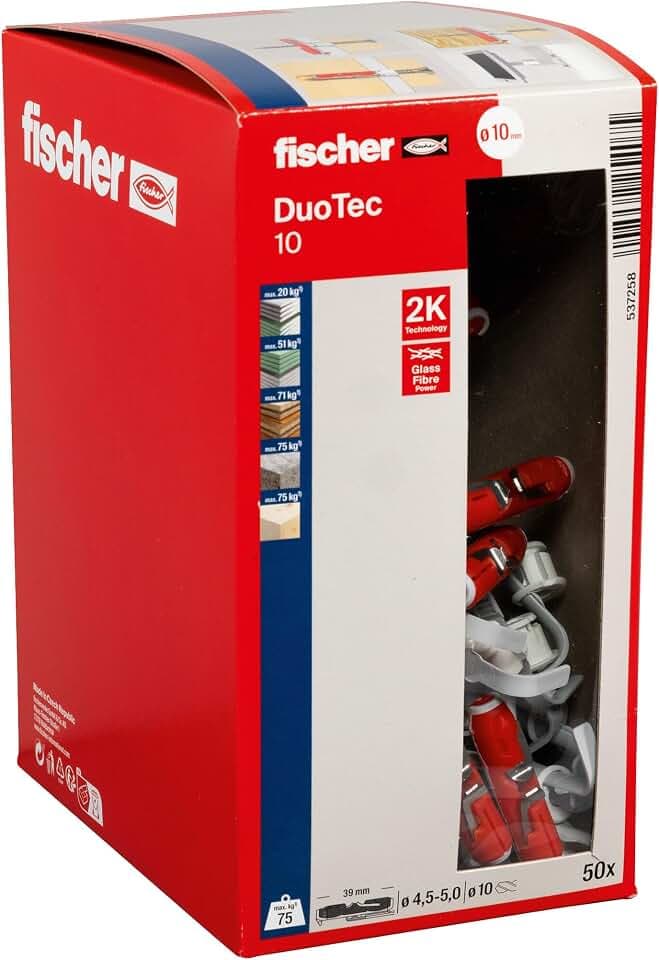 fischer DuoTec 10, Nylon-Kippdübel für hohe Lasten in allen Plattenbaustoffen, 2-Komponenten-Dübel, Hohlraumdübel zur Befestigung in Gipskarton-, Gipsfaser-, Holz- & Stahlplatten uvm., 50 Stück