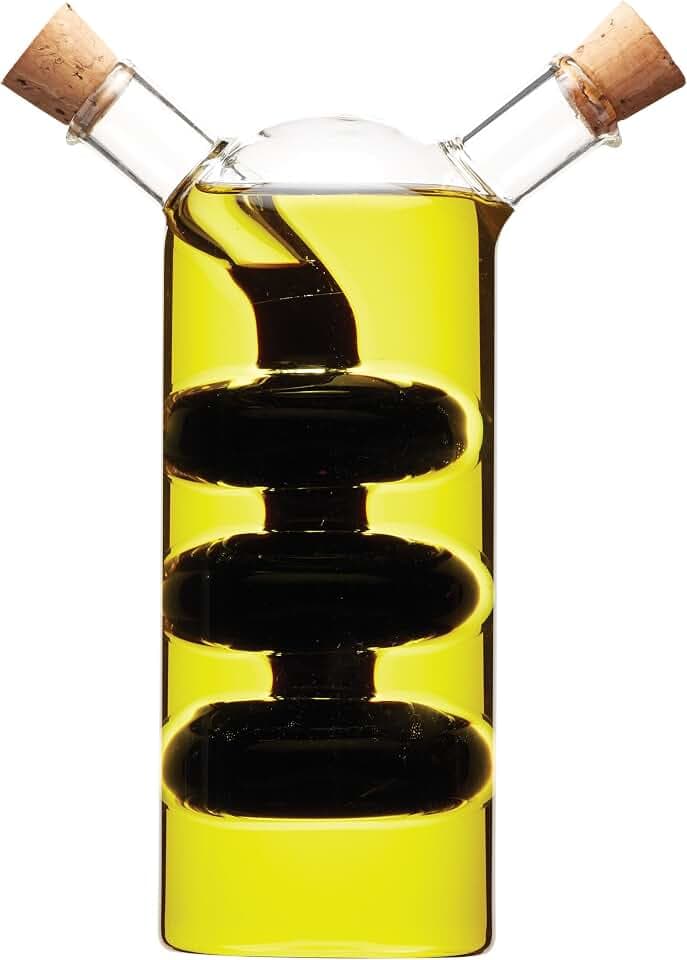 KitchenCraft World of Flavours Öl- und Essigspender aus Glas, 2-in-1-Flasche für Öl und Essig, Krukenflasche mit Korkverschluss, Kaskaden-Design, 100 + 300 ml