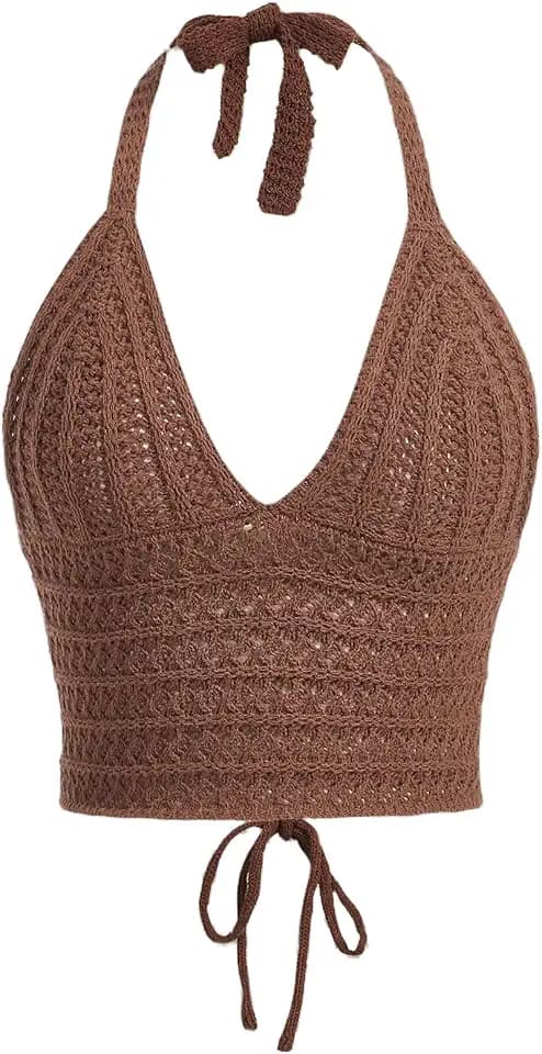 Women Sexy Hollow Out Crochet Crop Halter Tops Y2K Knitted V Neck Sleeveless Backless Lace Up Crop Cami Tank Beachwear